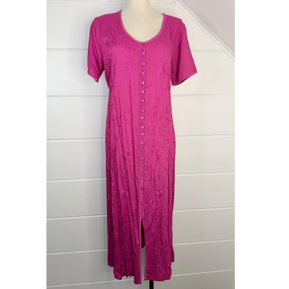Medium Pink Short Sleeve Cottagecore Midi Dress Embroidered Floral Boho